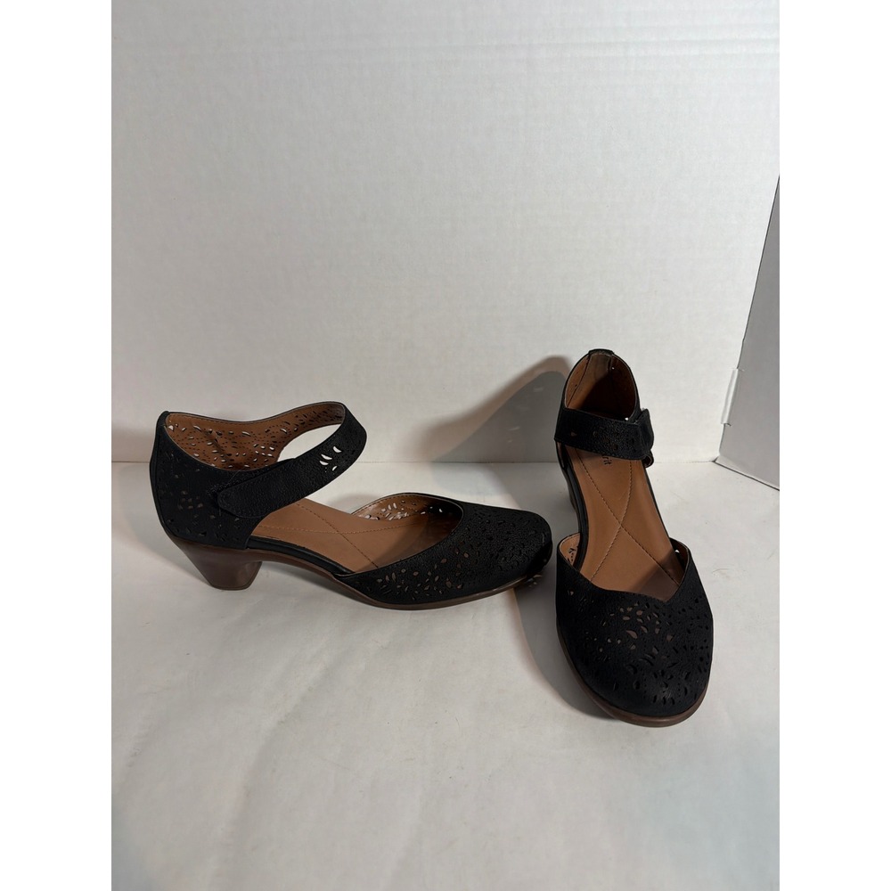 Earth Spirit Black Laser Cut Mary Jane Heels Ankle Strap Comfort Shoes Women 9